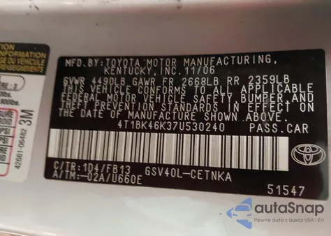 2007 Toyota Camry Le V6 from USA, damaged, VIN 4T1BK46K37U530240